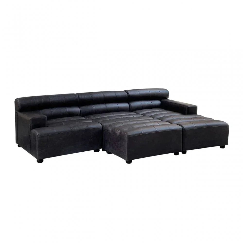 Black leather corner sofa with adjustable headrests and ottomans, modular seating design
