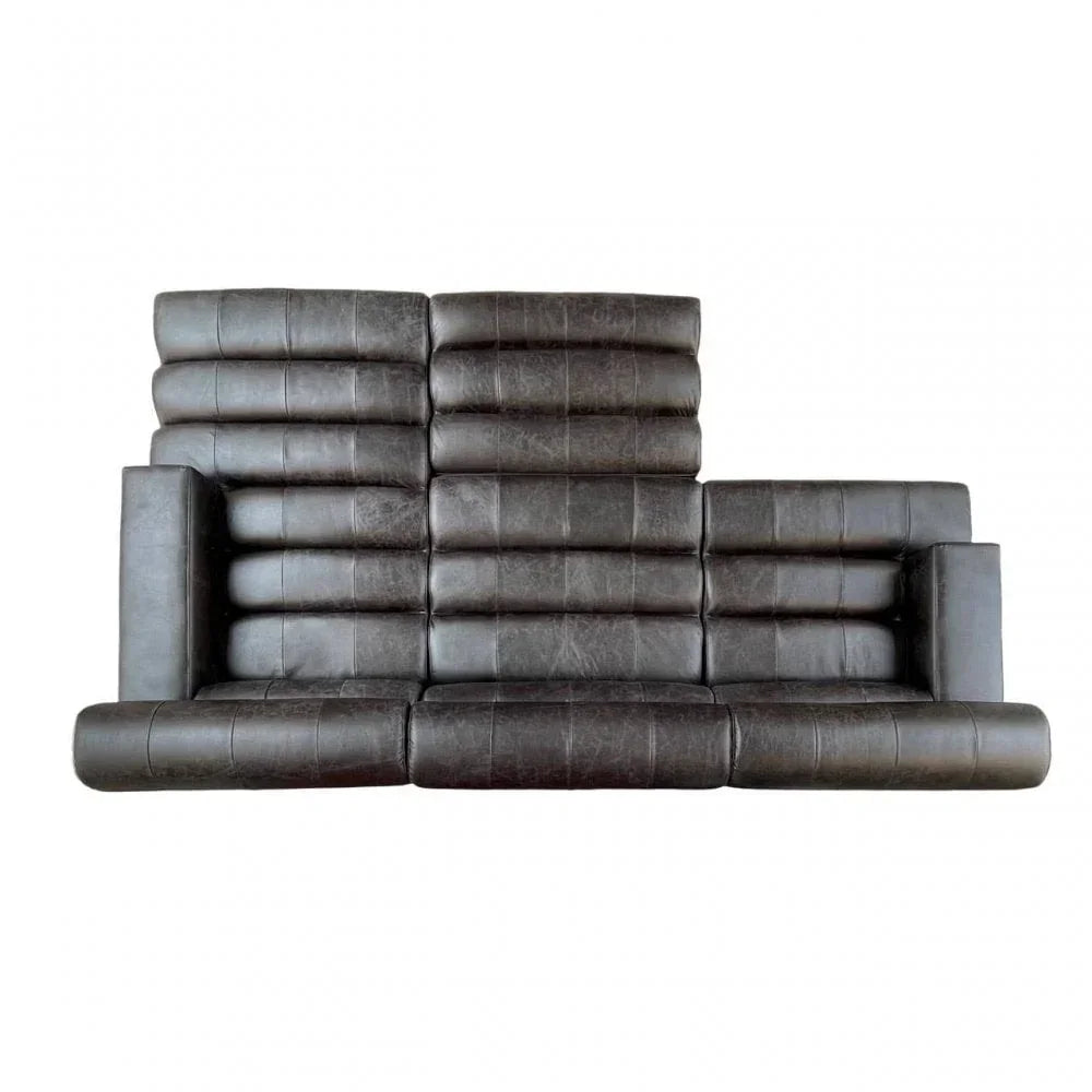 Modern black leather sofa with high ribbed backrest and cylindrical armrests, front view