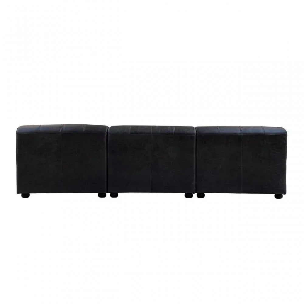 Black faux leather ottoman bench with three connected seats and low-profile legs