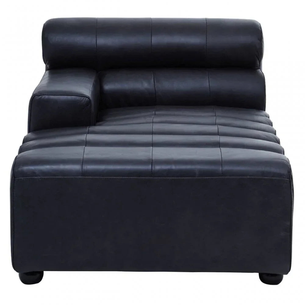 Black leather chaise lounge with left armrest and horizontal stitched detail, front view