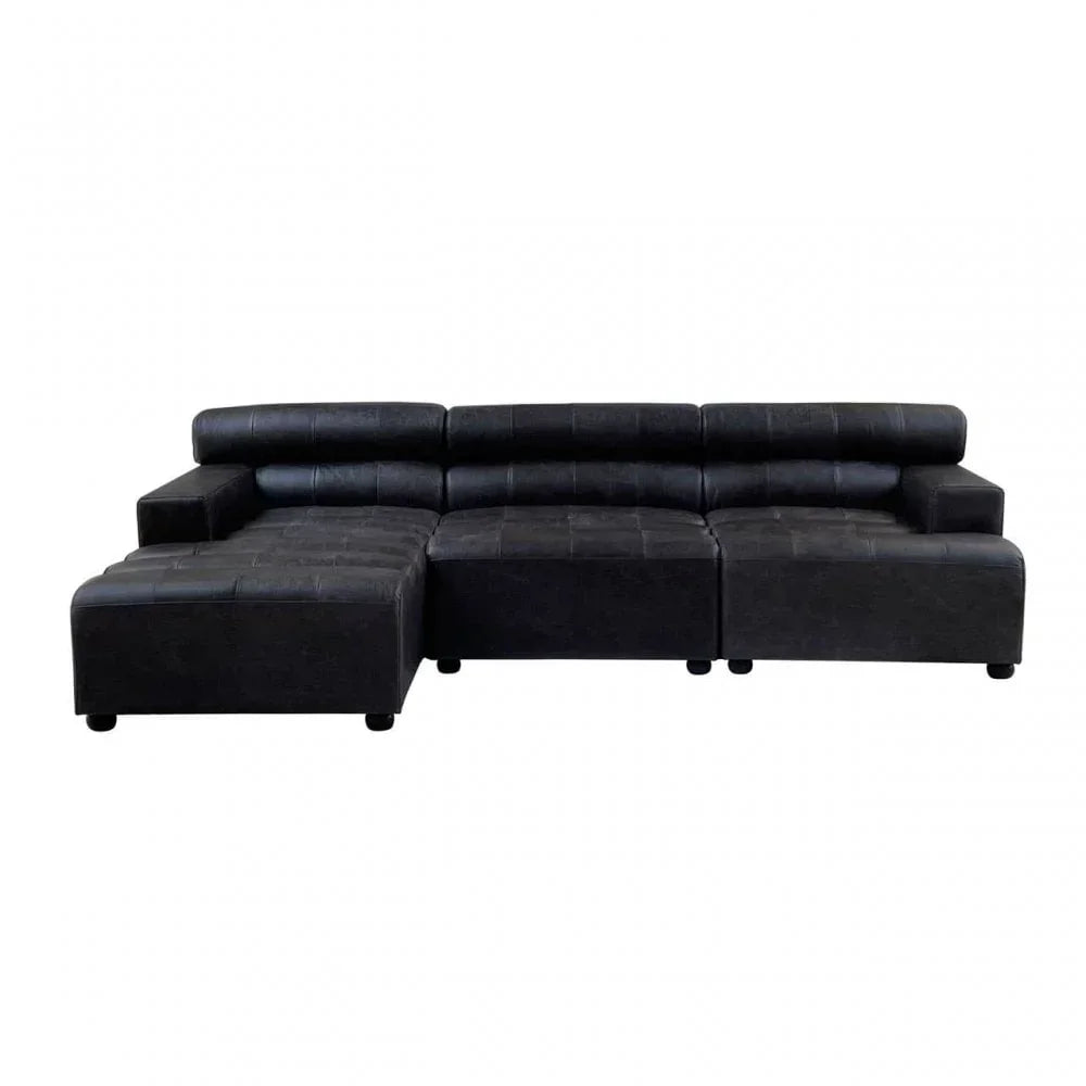 Black corner sofa with chaise lounge and adjustable headrests, modern living room seating