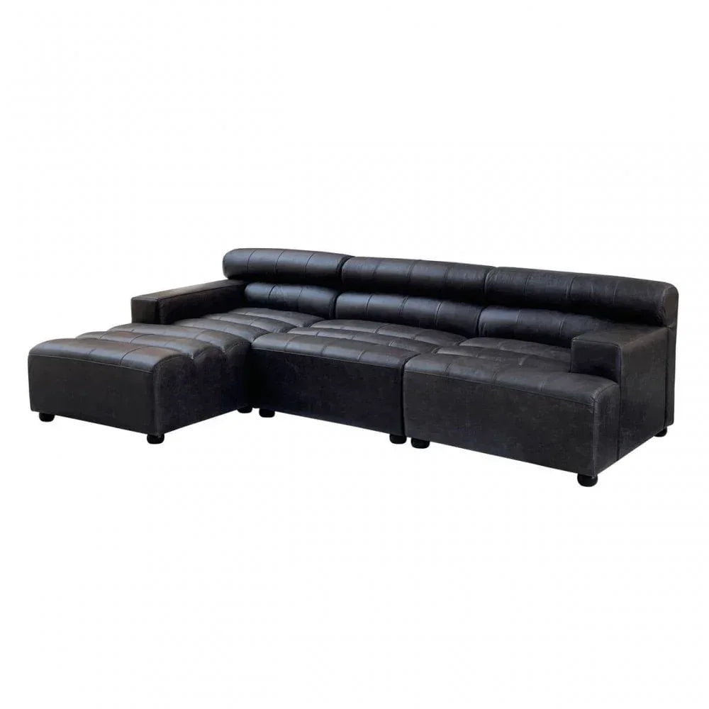 Black leather corner sofa with left chaise and tufted seat design