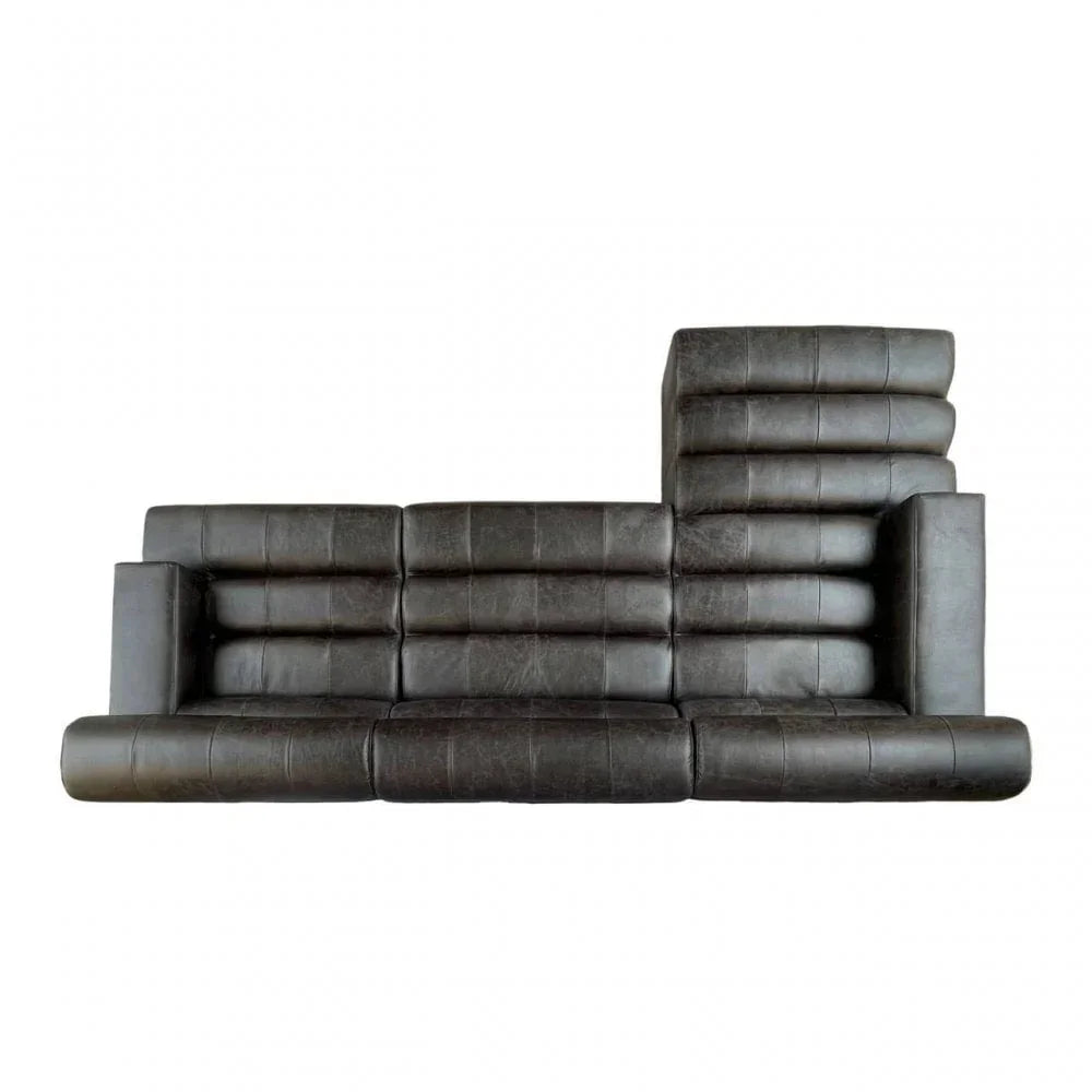 Contemporary black leather sofa with high-back section and square armrests, front view