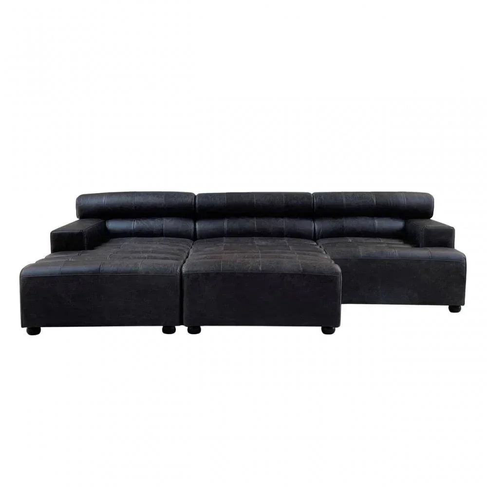 Black sectional sofa with wide seats, low backrest and square armrests, front view