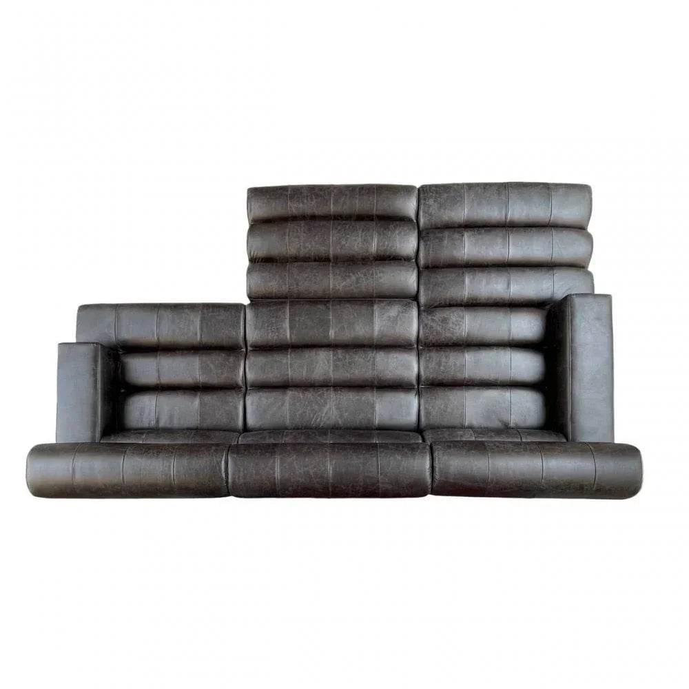 Modern black leather sofa with high backrest and horizontal panel design, front view