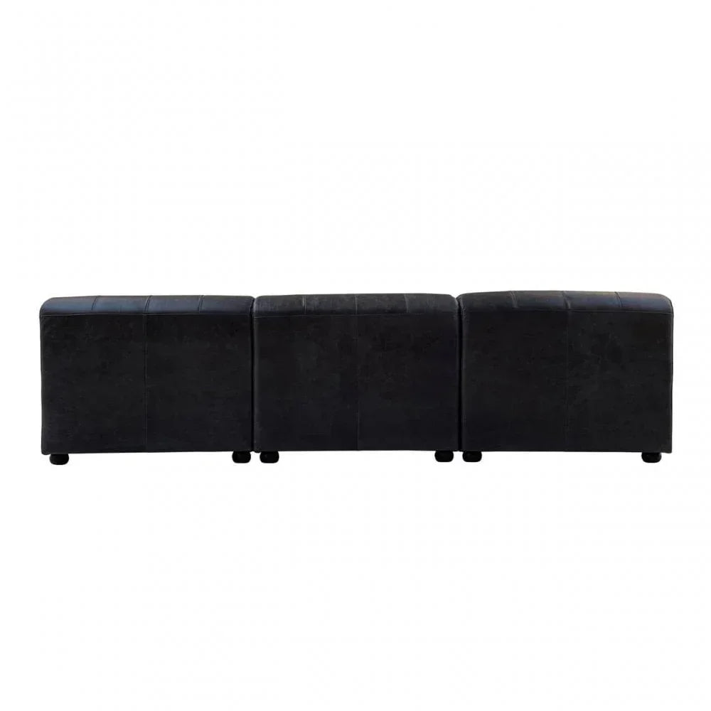 Black faux leather ottoman bench set of three with visible stitched panels, front view