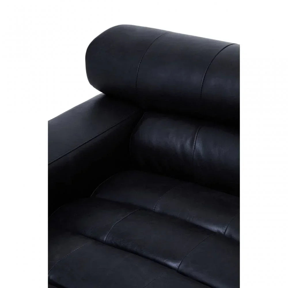 Close-up of black leather sofa seat with padded backrest and arm detail