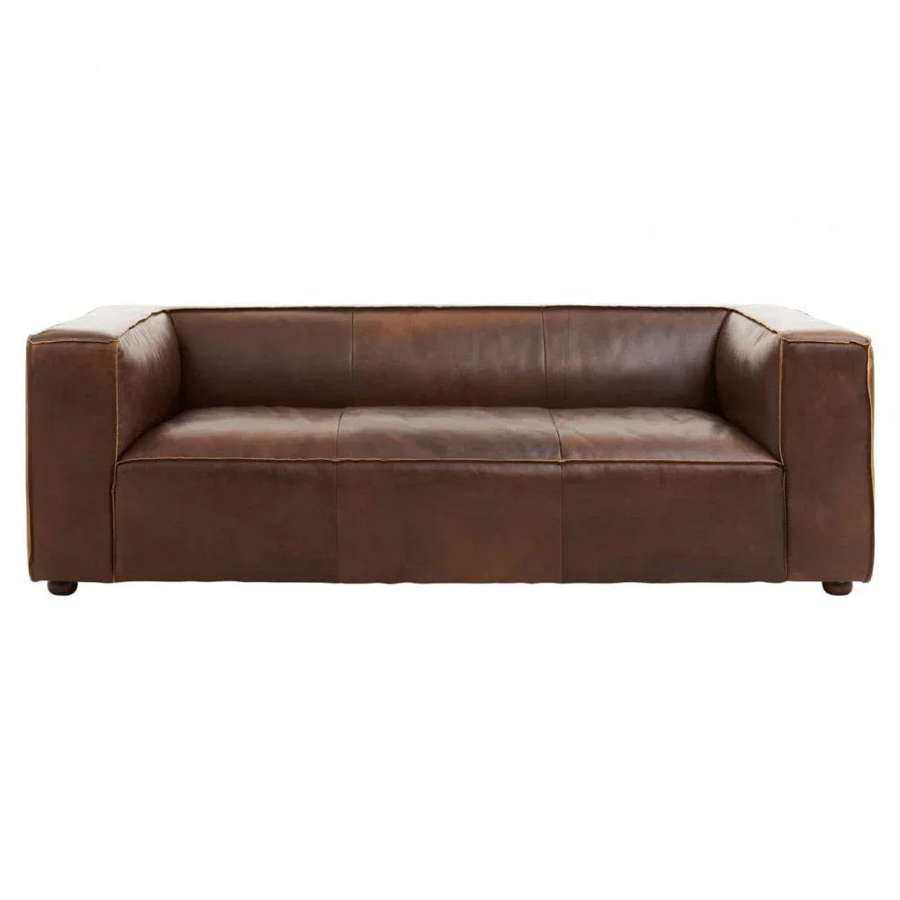 Brown leather sofa with boxy arms and minimalist design, front view