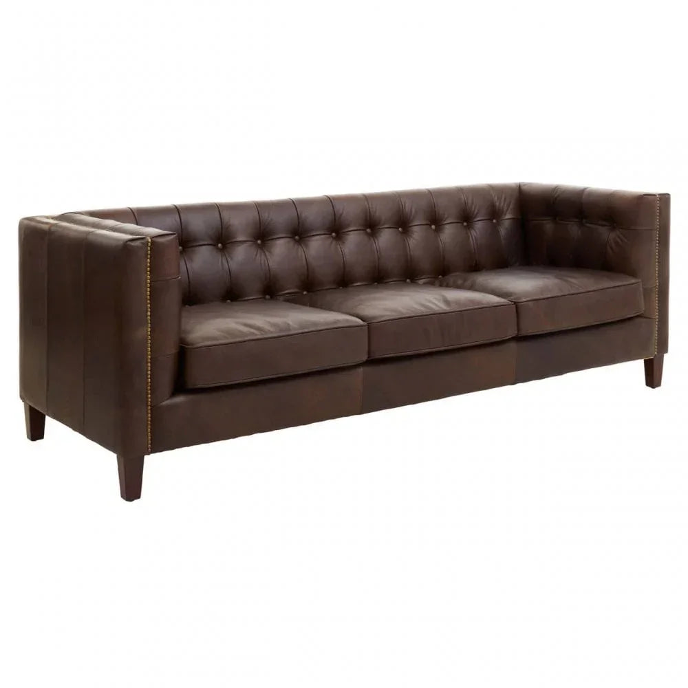 Brown leather Chesterfield sofa with button-tufted back and arms, straight wooden legs