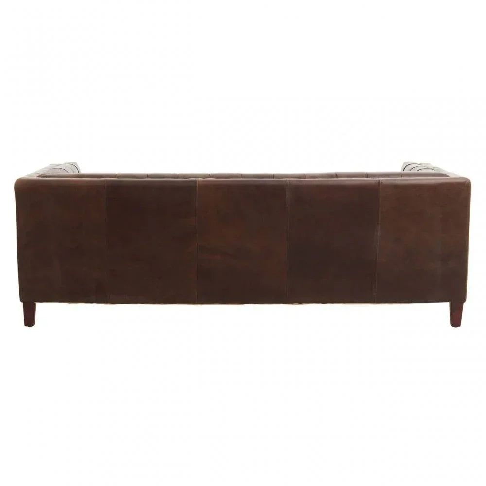 Rear view of brown leather sofa with square back and wooden legs