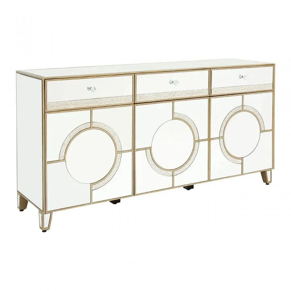Mirrored sideboard with three drawers and circular geometric pattern, gold trim accents
