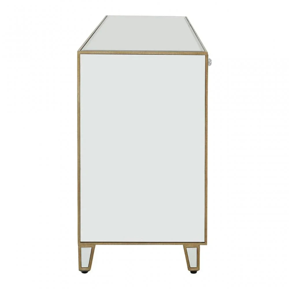 Side view of mirrored cabinet with gold trim and tapered legs