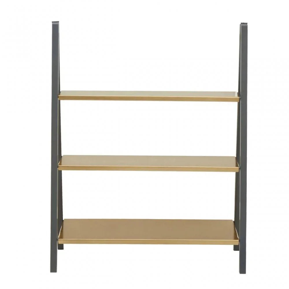 Three tier gold and black shelving unit with metal frame, front view
