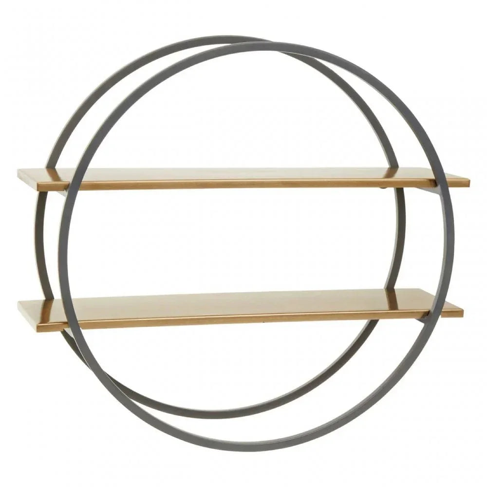 Round metal wall shelf with two wooden shelves in geometric design