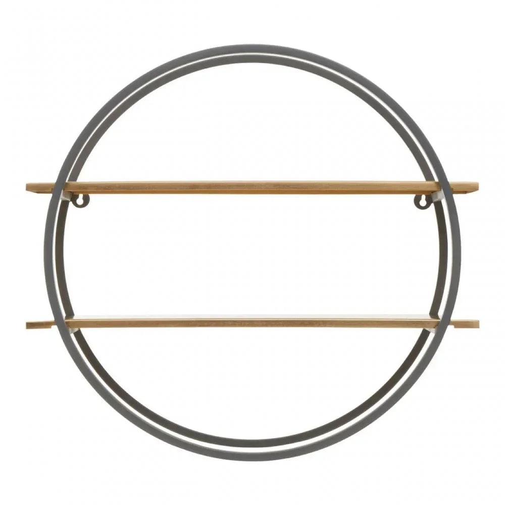 Round wall shelf with metal frame and two wooden shelves, modern minimalist design