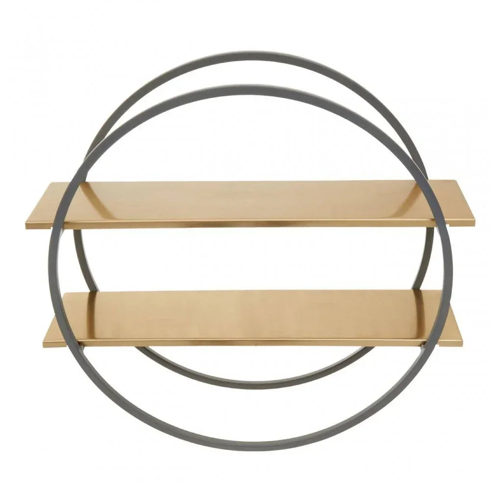 Round metal wall shelf with two gold shelves and circular black frame