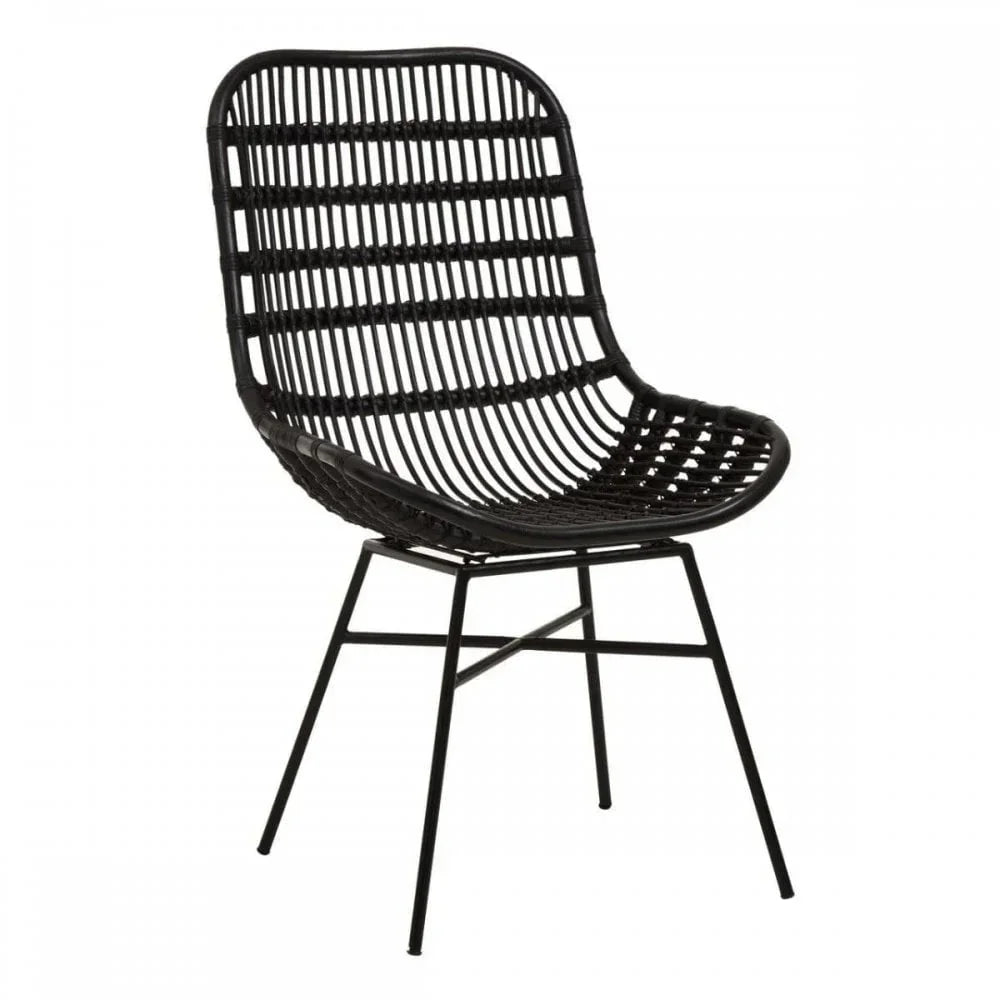 Black rattan dining chair with curved seat and metal legs on white background