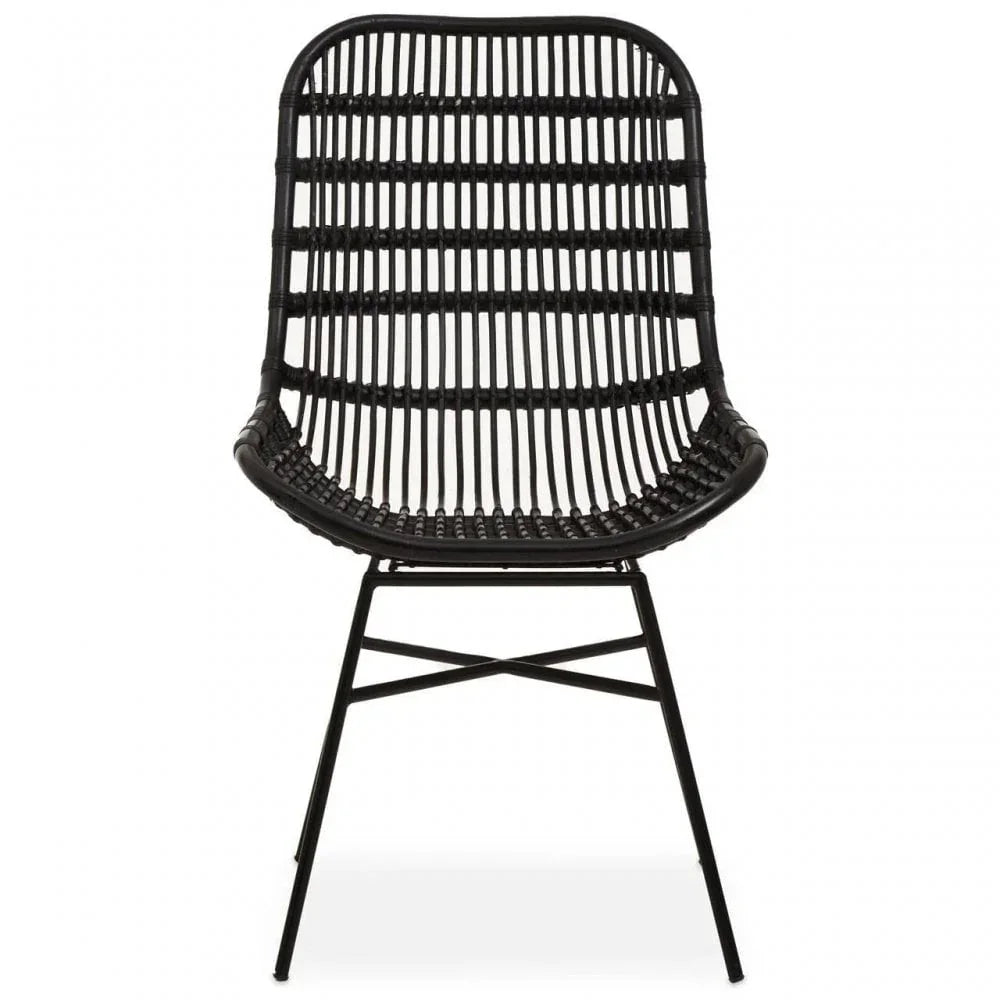 Black rattan dining chair with metal legs, front view