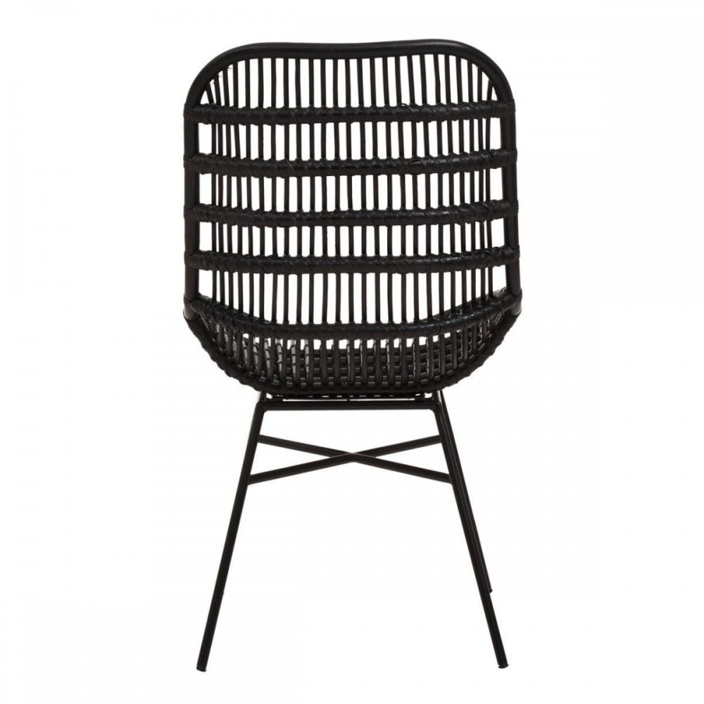 Black rattan dining chair with metal legs, front view