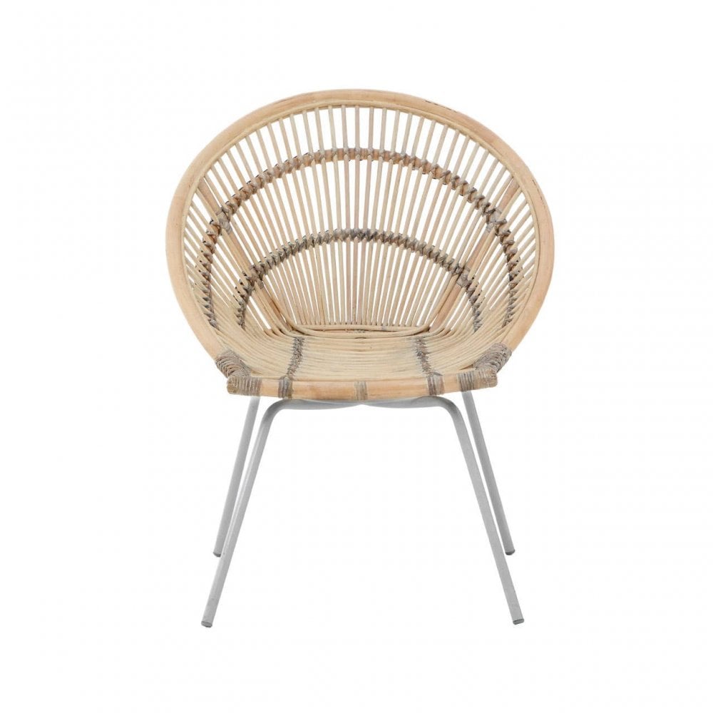 Natural rattan accent chair with curved backrest and metal legs, front view