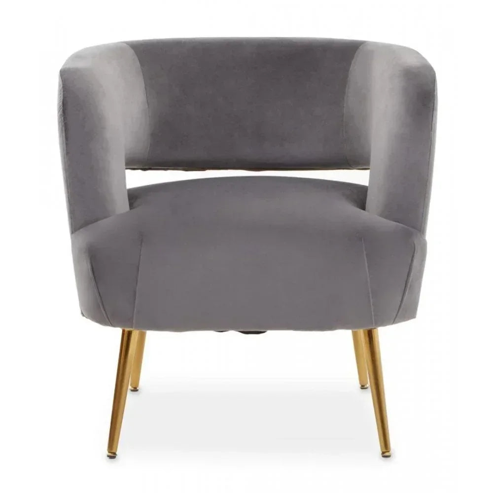 Grey velvet accent chair with open back and gold metal legs, front view