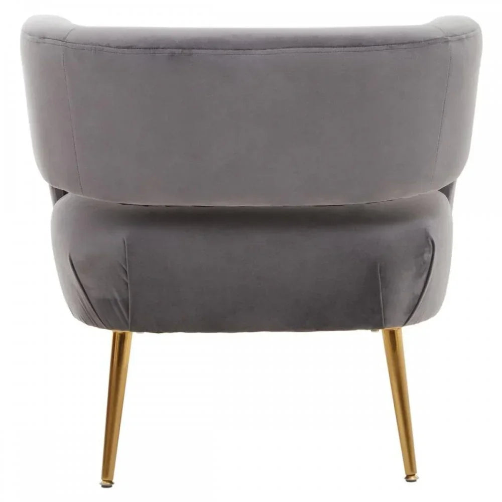 Back view of grey velvet accent chair with gold metal legs