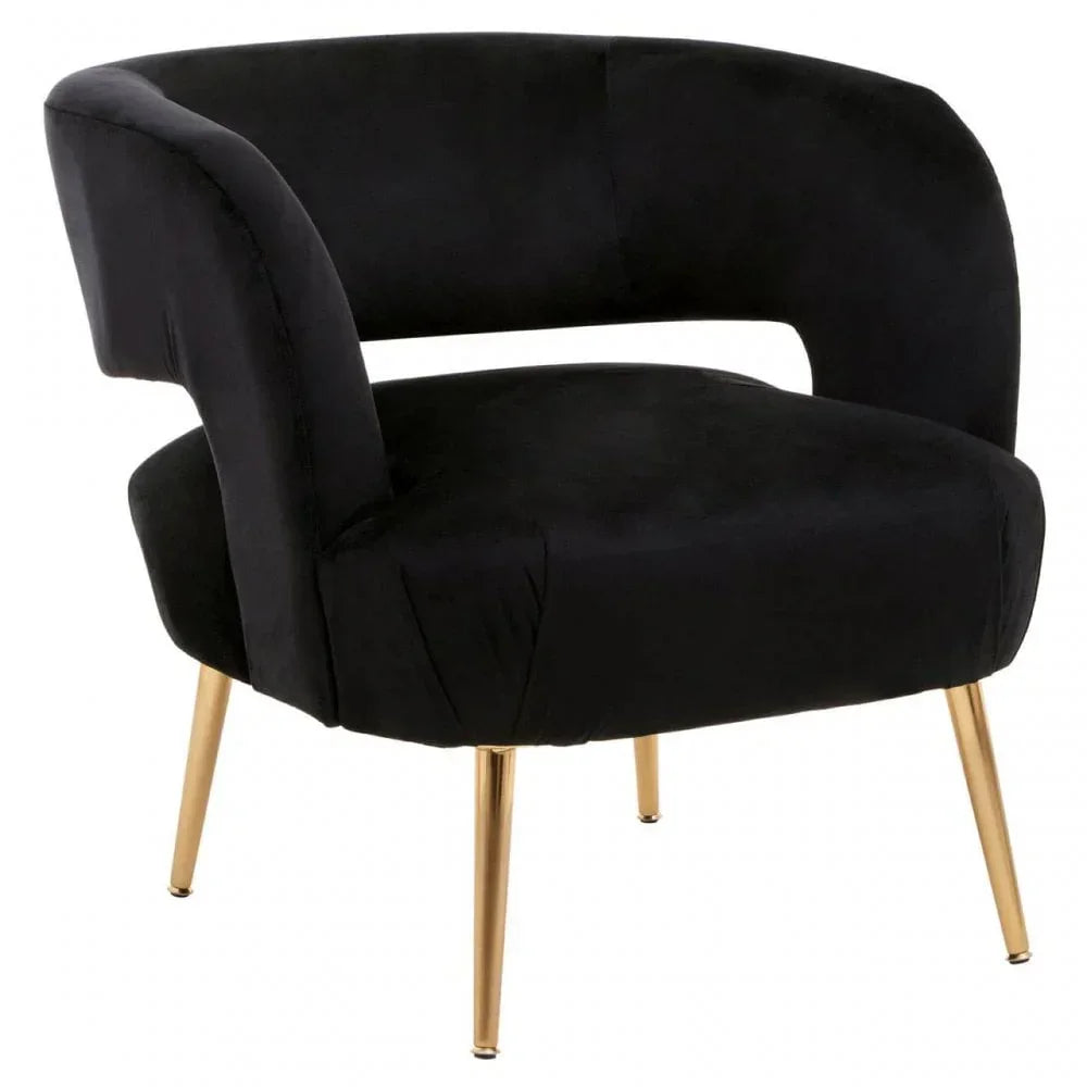 Black velvet accent chair with open back and gold metal legs