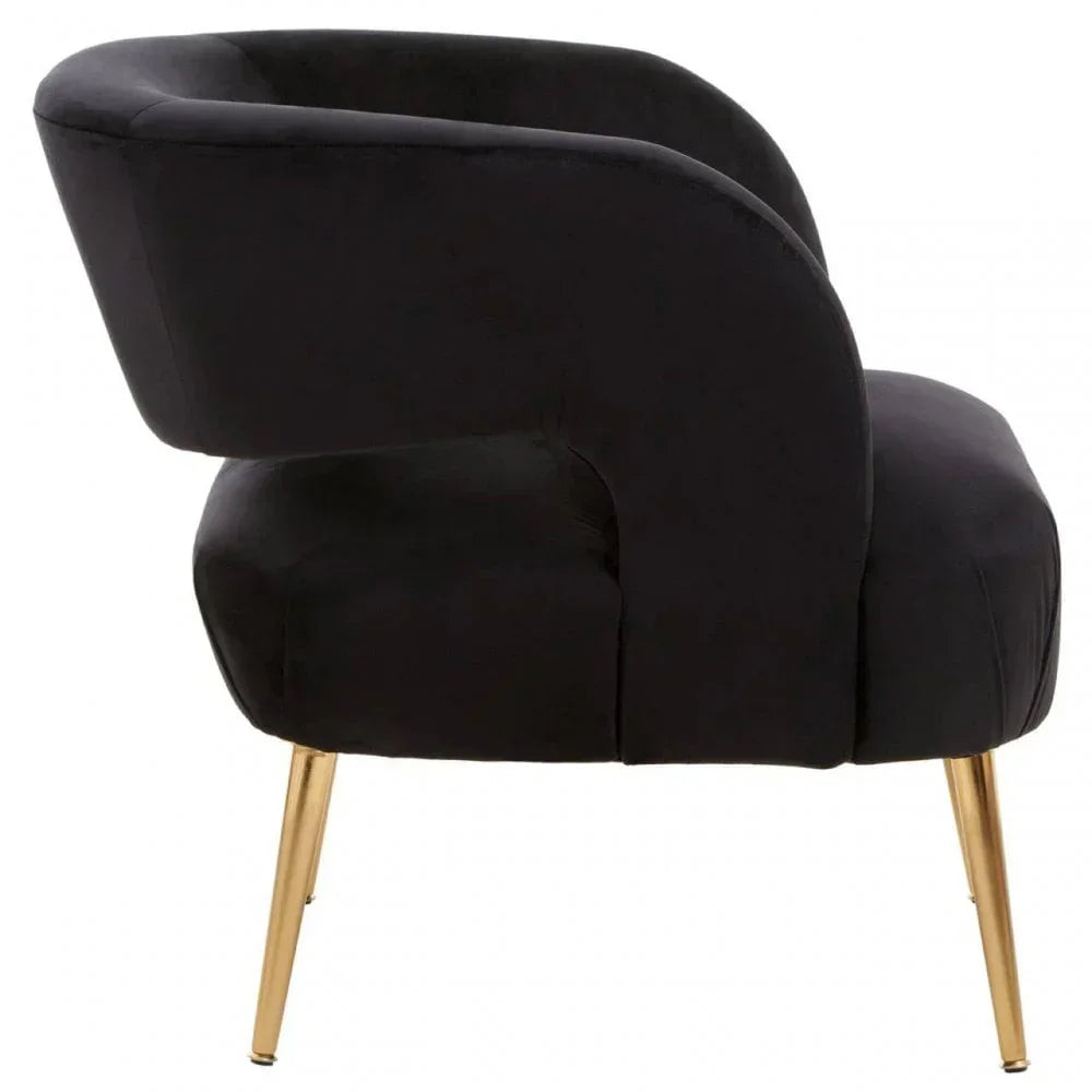 Black velvet accent chair with curved backrest and gold metal legs, side angle view