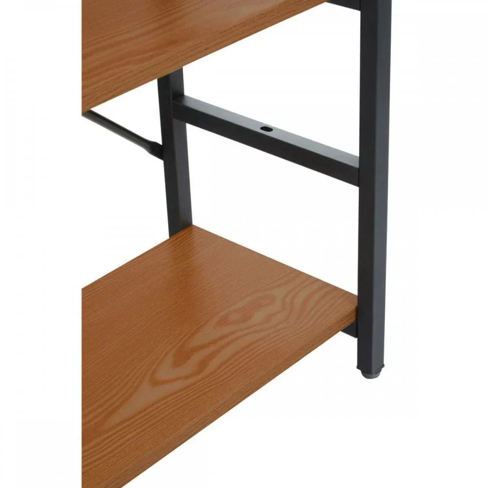 Close view of wooden shelving unit with black metal frame and visible wood grain pattern