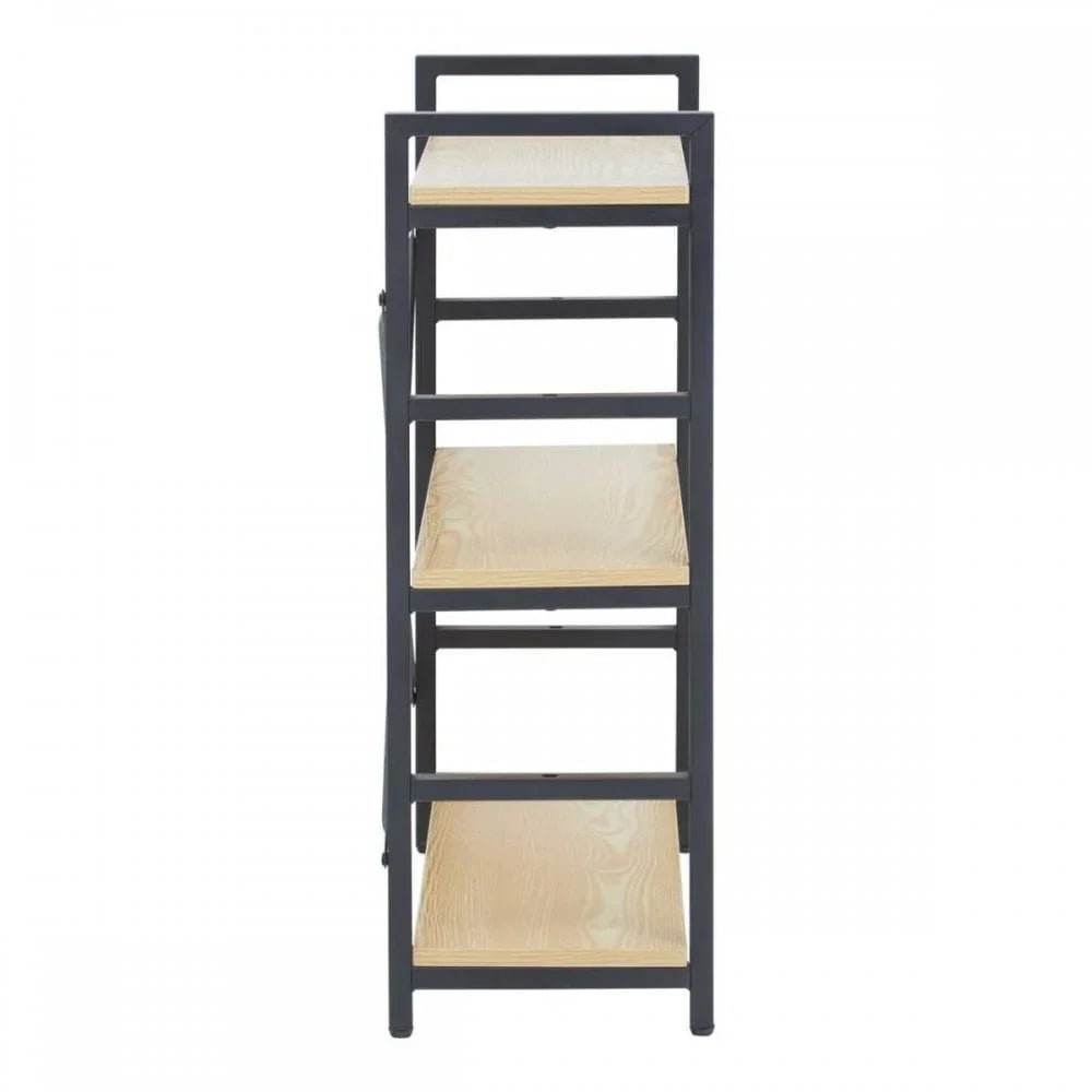 Side view of black metal and wood shelving unit with four shelves