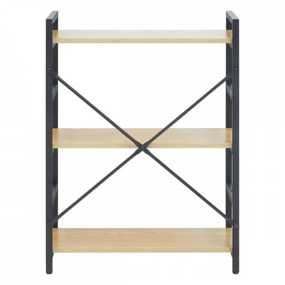Three tier wood and metal shelving unit with black frame and light oak shelves, front view