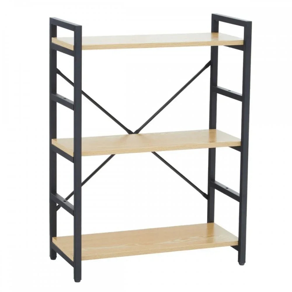 Three tier wooden bookshelf with black metal frame and cross support, front angled view