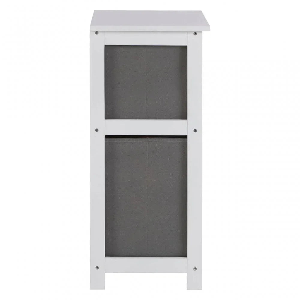 Side view of white wooden storage unit with grey fabric bins