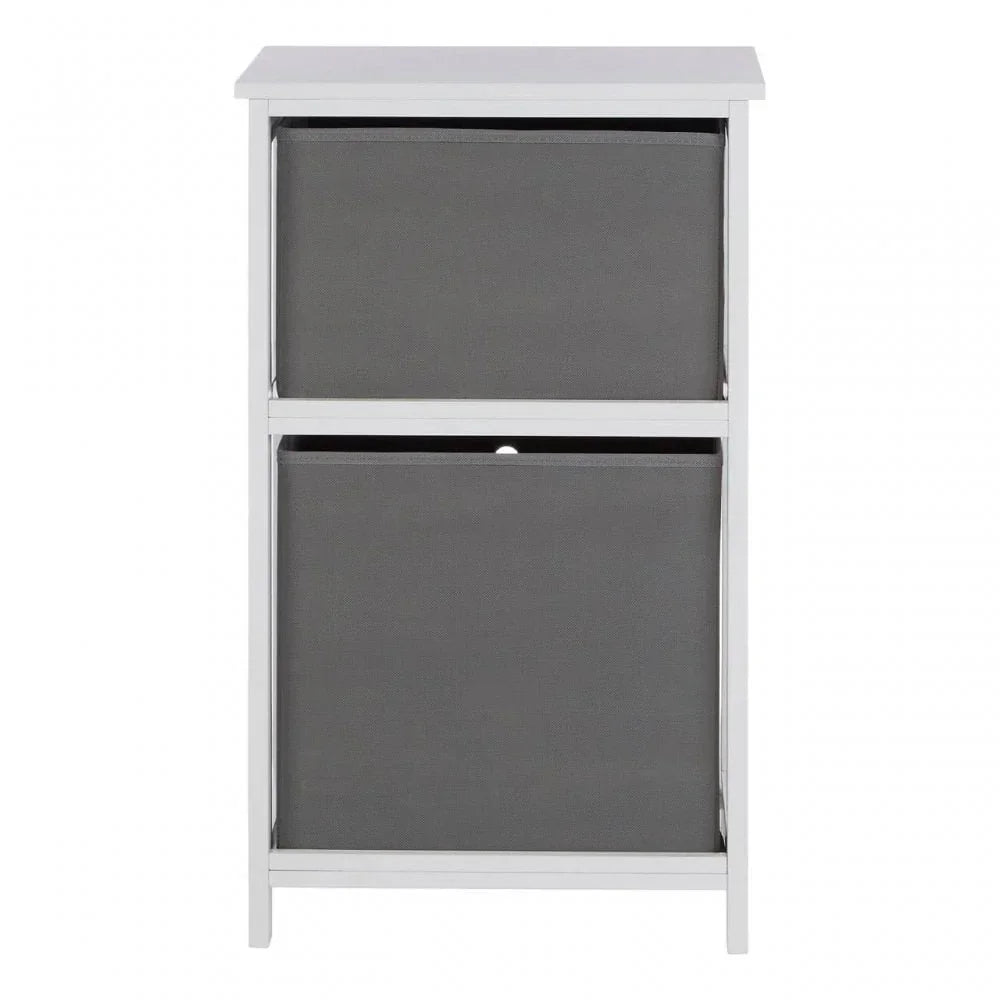 White storage unit with two grey fabric drawers, front view