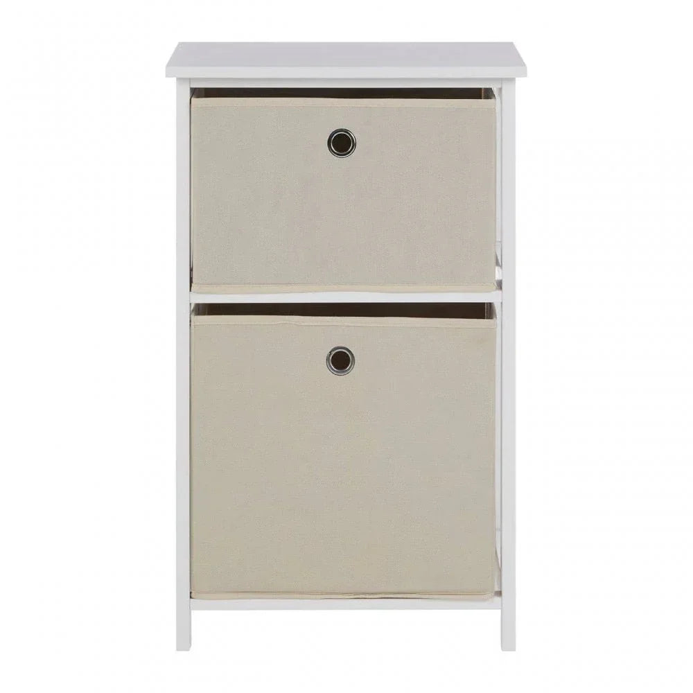 White storage unit with two beige fabric drawers and metal ring handles, front view