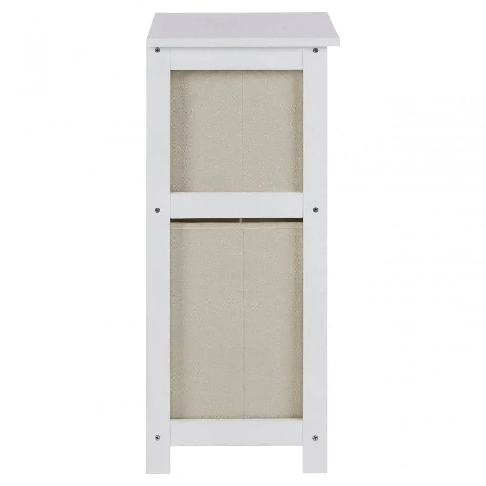 Side view of white wooden cabinet with beige panel detail