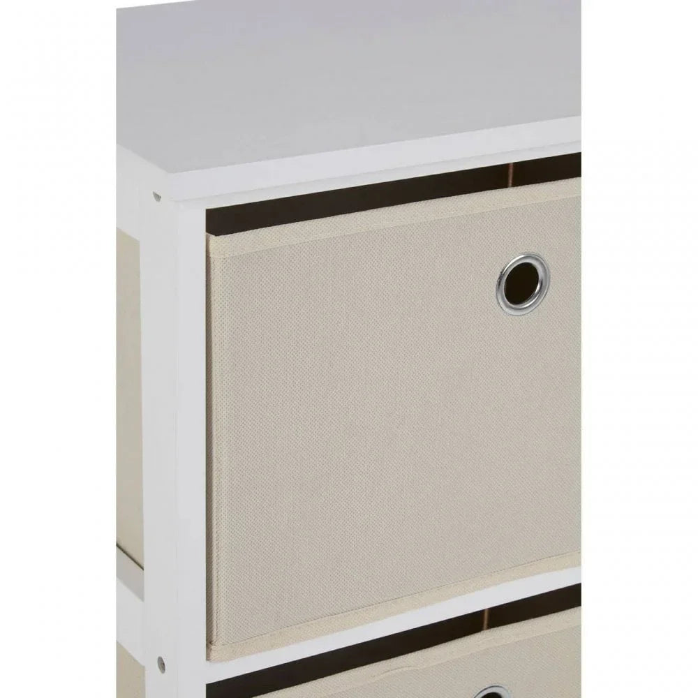 Beige fabric storage drawer in white wooden frame, close view of front panel and handle