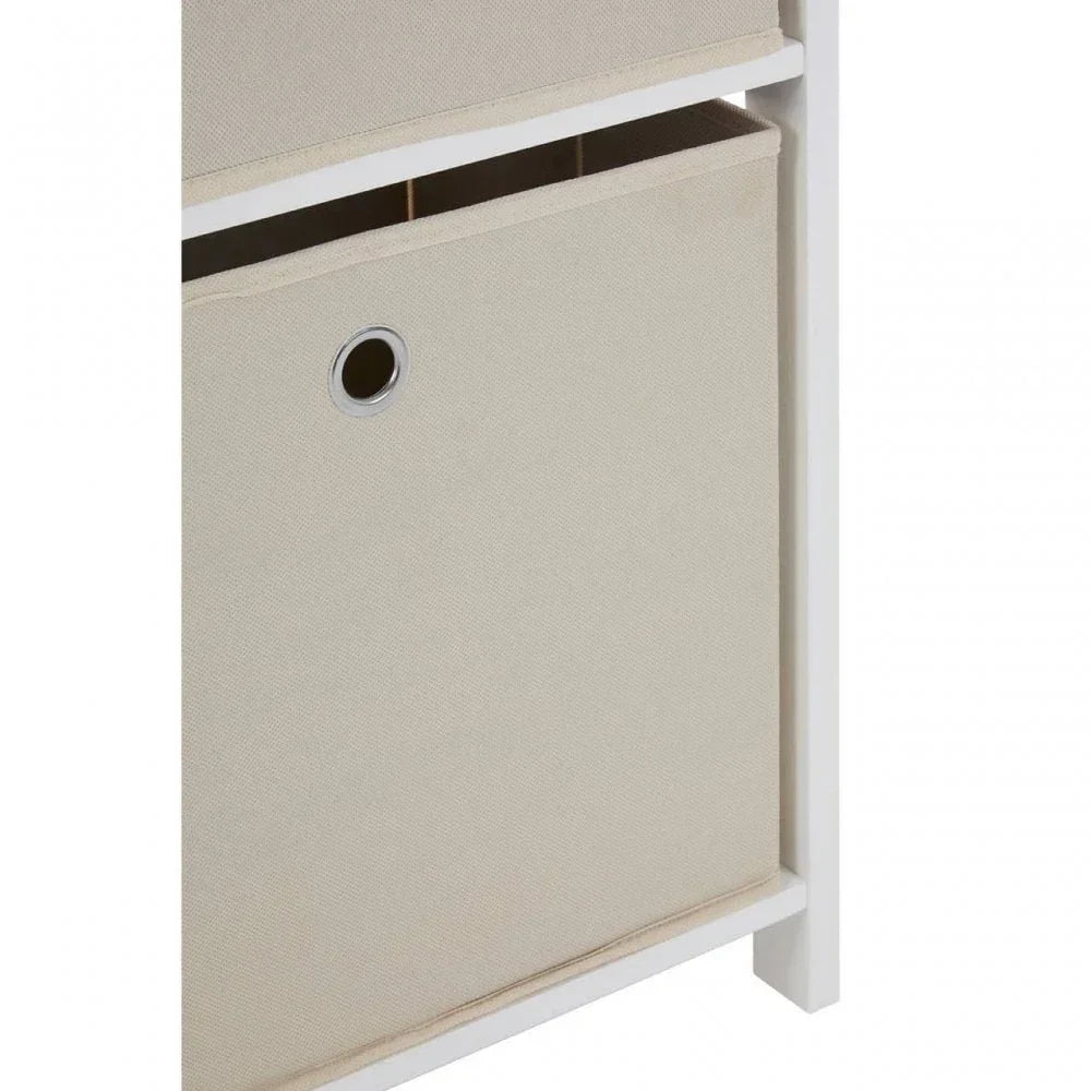 Beige fabric storage box with metal grommet in white shelving unit close up