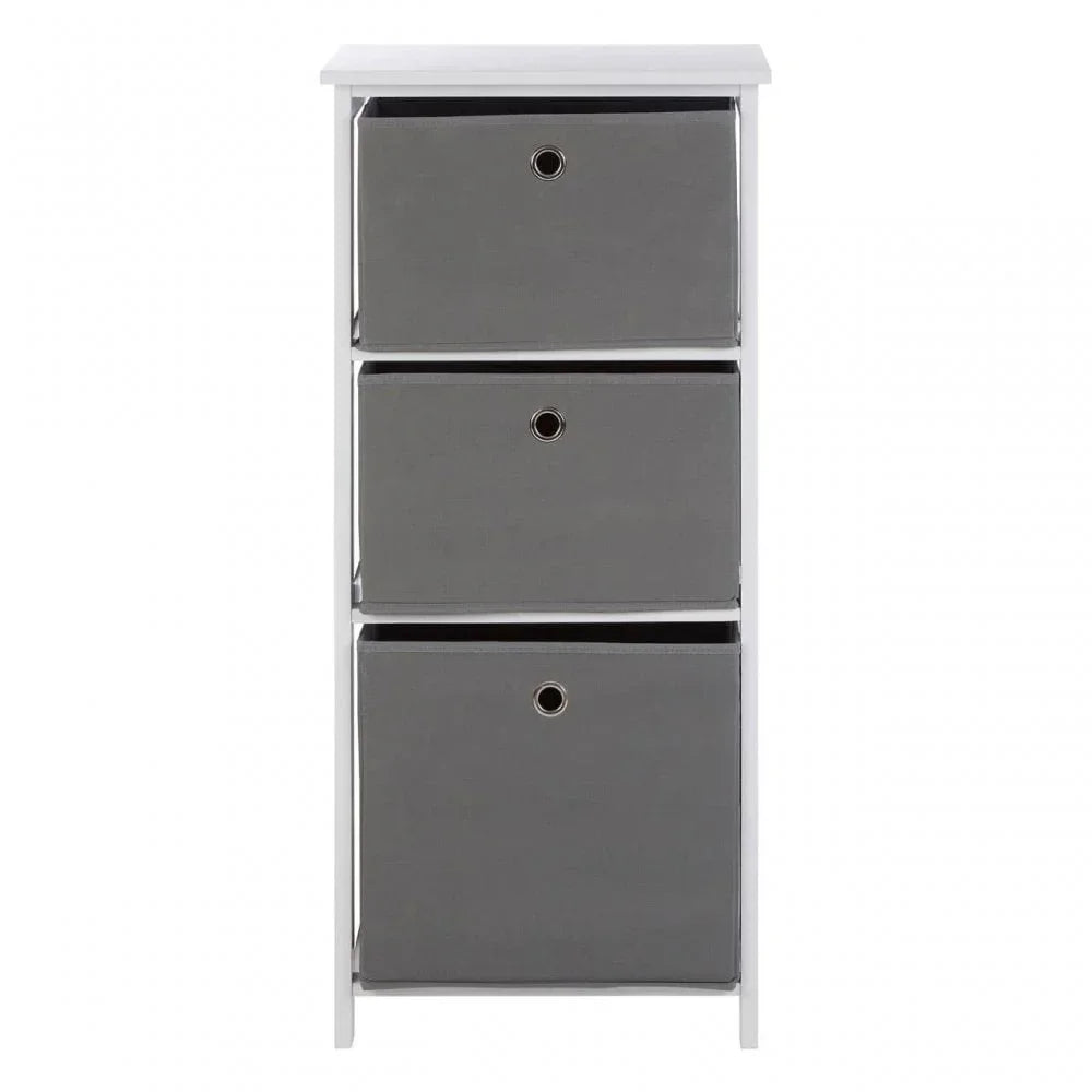 White storage unit with three grey fabric drawers, front view