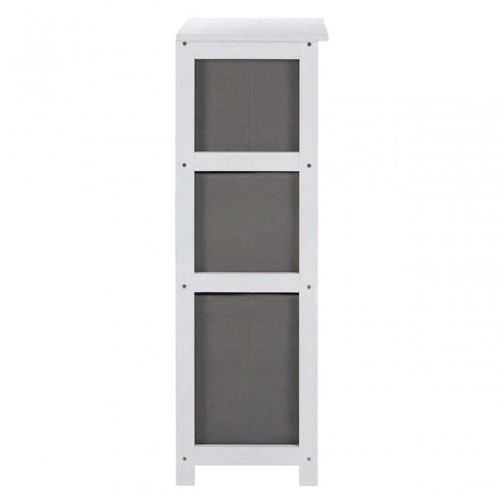 White storage cabinet with three grey fabric drawers, side view