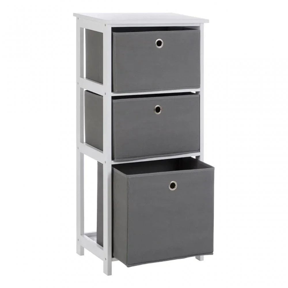 Three drawer storage unit with grey fabric drawers and white wooden frame