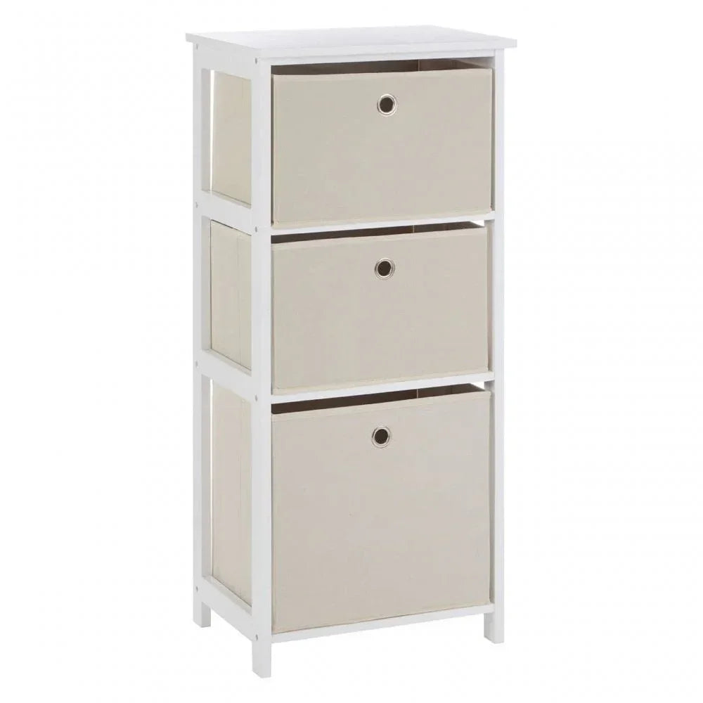 Three drawer storage unit with white wooden frame and beige fabric drawers