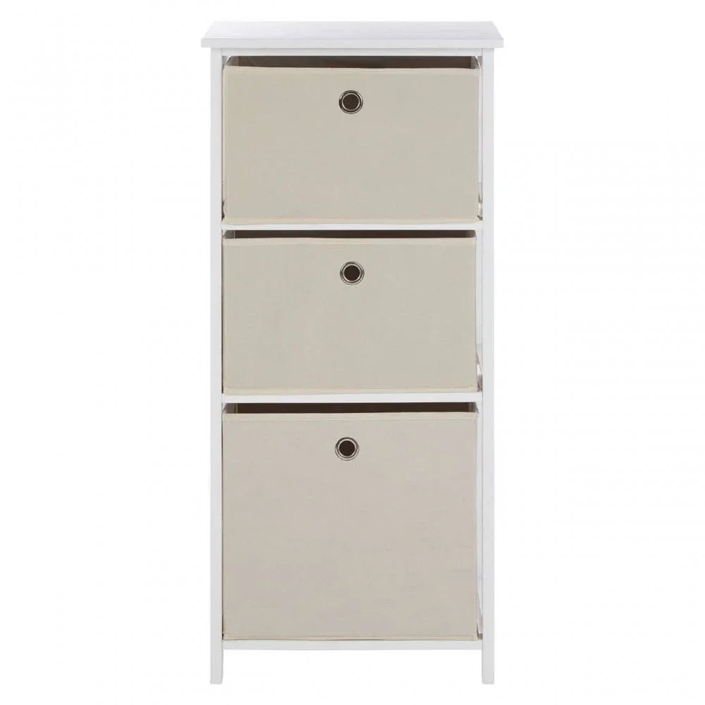 White storage unit with three beige fabric drawers and metal ring handles