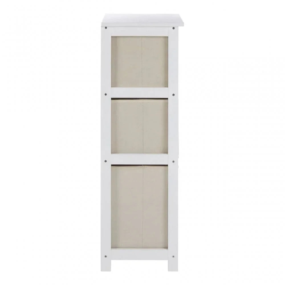 White wooden storage unit with three beige fabric drawers, side view