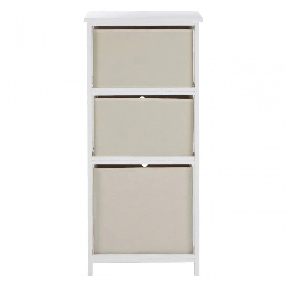 White storage unit with three beige fabric drawers front view