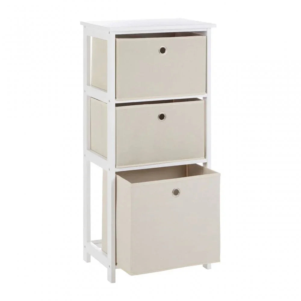 White storage unit with three beige fabric drawers and open frame design