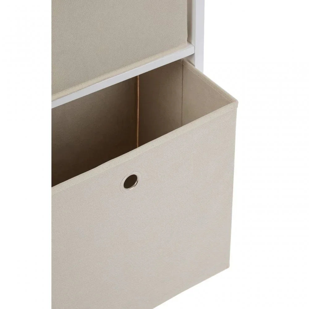 Beige fabric storage box with metal handle in white shelving unit