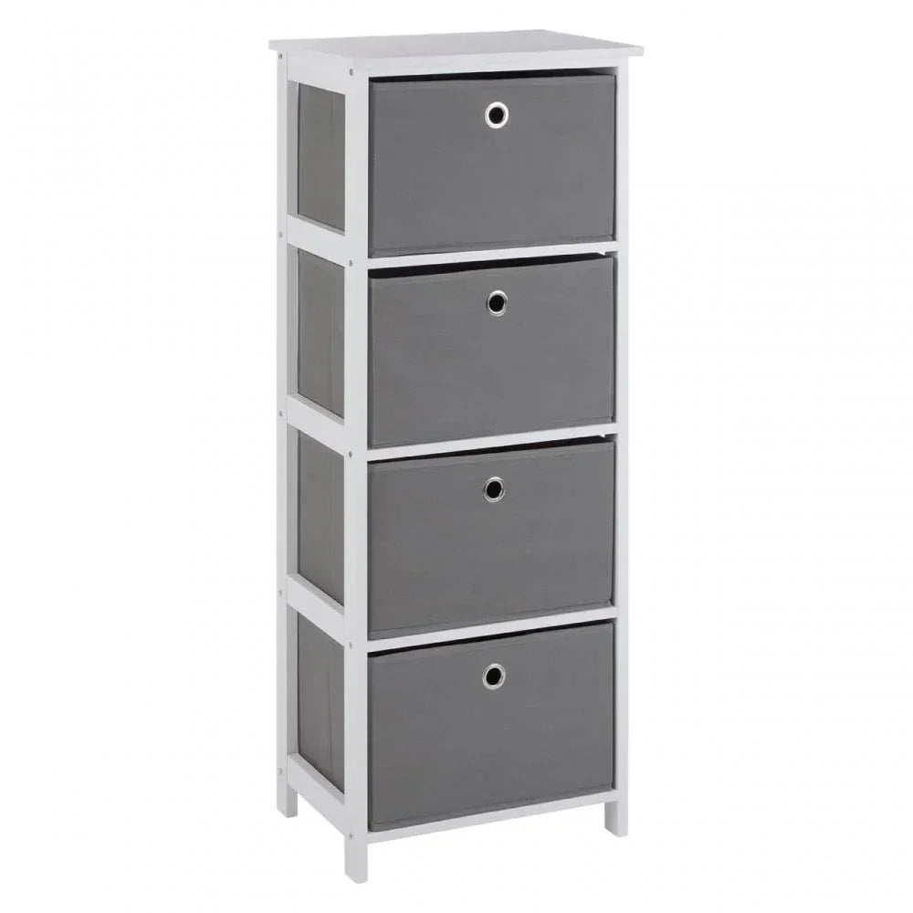 Tall storage unit with white frame and four grey fabric drawers