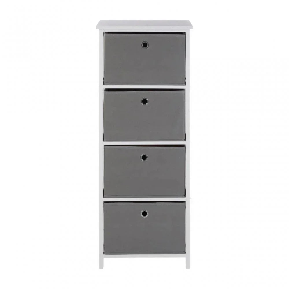 White storage unit with four grey fabric drawers, front view