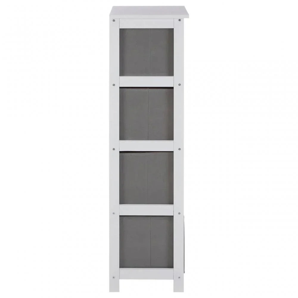 Side view of white and grey wooden shelving unit with four compartments